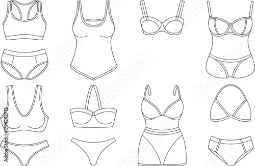 Women’s lingerie and undergarment collection line drawing, fashion silhouettes, cad drawing flat vector illustration, garment design, intimate apparel
