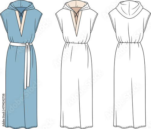 Sleeveless hooded maxi dress front and back view, fashion flat sketch, cad drawing flat vector illustration, garment design detail
