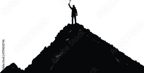 Triumphant hiker stands with raised arms atop a rocky mountain peak against a stark white background.