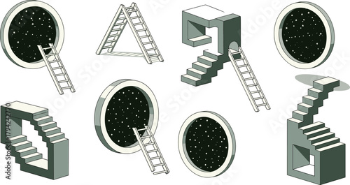 Surreal Isometric Vector Set of Portals, Stairs, and Ladders: Monochrome Geometric Elements Representing Abstract Space, Imagination, Dreams, Exploration, and Fantasy Concepts