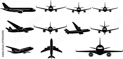Airplane silhouette collection, commercial jet icons, aviation vector set, aircraft shapes, black plane graphics, multiple views, isolated illustrations, transport