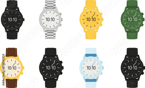 Vector Illustration Set of Analog Wristwatches: Colorful Flat Icons of Modern Chronograph and Sports Watches with Metal, Leather, and Silicone Straps, Showing the Time 10:10