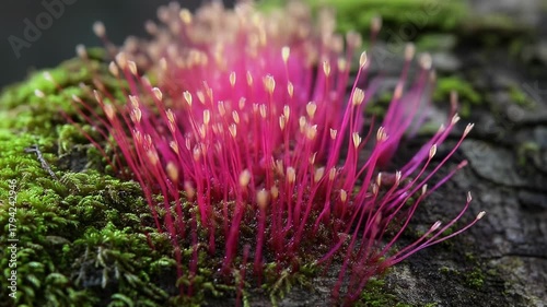 Close-up of vibrant pink sporophytes emerging from green moss growing on a textured surface, creating a striking contrast.