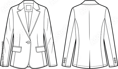 Tailored blazer technical flat, fashion sketch vector, front back view, notched lapel, flap pockets, sleeve buttons, garment design drawing