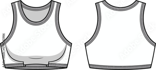 Sleeveless crop top technical flat, sports bra vector, activewear fashion sketch, front back view, apparel design, fitness garment drawing