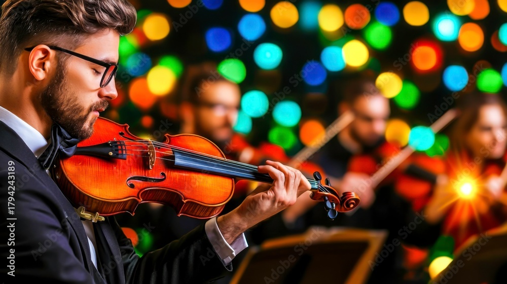 Fototapeta premium Musician Playing Violin in Front of Colorful Bokeh Lighting Effects