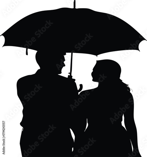 Silhouettes of a loving couple sharing an umbrella on a rainy day, seeking shelter together.