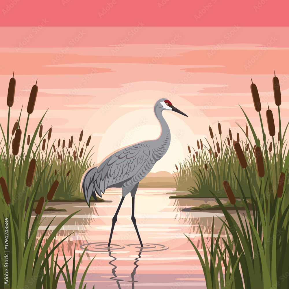 Obraz premium Serene wildlife illustration of a sandhill crane standing in a marsh with cattails during a beautiful pink and orange sunset.