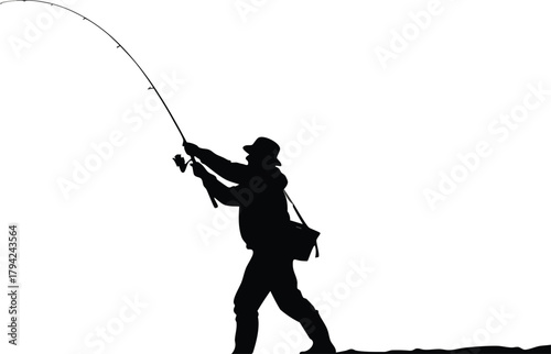 Silhouette of a determined angler casting a fishing rod with a bent pole against a bright sky.
