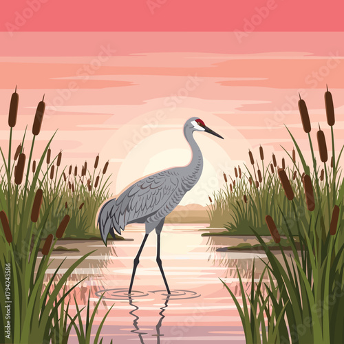 Serene wildlife illustration of a sandhill crane standing in a marsh with cattails during a beautiful pink and orange sunset.