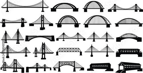 Bridge silhouettes collection, suspension, arch, cable-stayed, truss, covered, engineering, architecture, civil design, infrastructure, construction, landmark,
