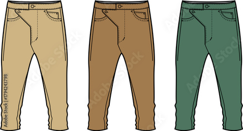 Vector illustration set of three pairs of trousers in different colors, side view, isolated