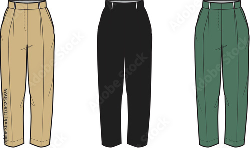 Variety of Pleated Pants in Different Colors and Styles Fashion Illustration