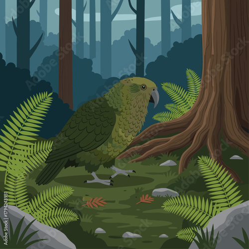 New Zealand's flightless kakapo parrot standing on the forest floor surrounded by ferns and other native foliage at dusk.