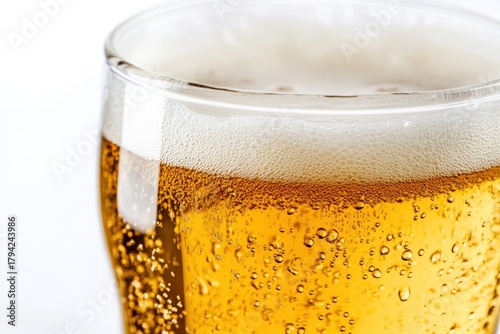 Wallpaper Mural A close-up shot of a frothy, golden beer in a tall, clear glass, with a foamy head and condensation on the glass, set against a white background. Torontodigital.ca