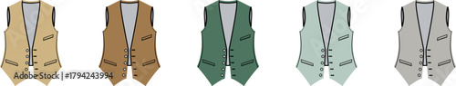 Collection of colorful vests in different shades, suitable for historical costumes or fashion design