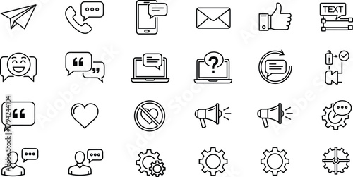A comprehensive, black and white vector icon collection focused on modern communication, social media interaction, messaging, customer support, and online engagement strategies.