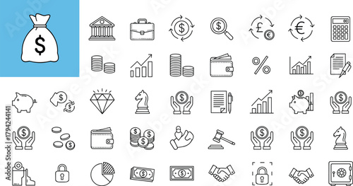A comprehensive vector line icon set representing finance, banking, currency exchange, investment, economics, legal, and business concepts for modern digital applications and interfaces.