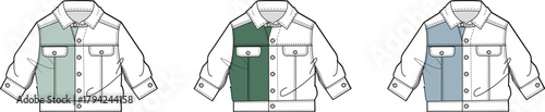 Fashion Illustration of Denim Jackets with Color Blocking Design - Style and Clothing Concept