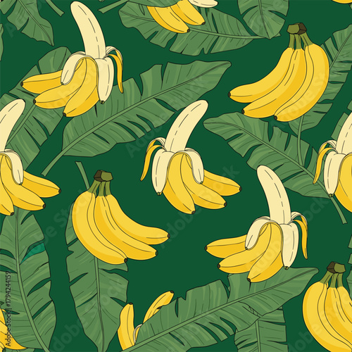 Tropical seamless pattern featuring ripe yellow bananas and large green banana leaves on a dark green background for a lush vibe.