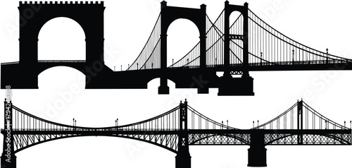 Bridge silhouettes, architectural structures, suspension design, truss engineering, civil construction, skyline elements, black outline, infrastructure, urban design, iconic bridges
