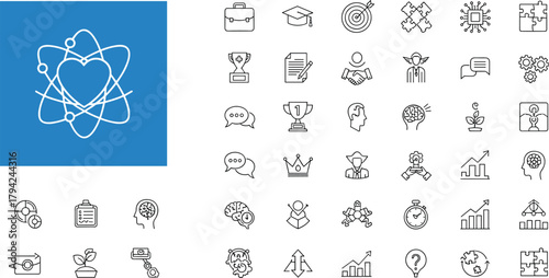 A diverse vector line icon set representing business strategy, corporate development, innovation, education, success, problem-solving, and human intellectual potential concepts.