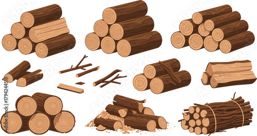 Vector Illustration Set of Wooden Logs and Firewood Stacks: Featuring Cut Timber, Branches, Sawdust, and Bundled Wood, Ideal for Forestry, Camping, and Winter Fuel Designs