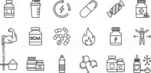 Essential vector line icon collection for sports nutrition, fitness supplements, bodybuilding, energy-boosting products, vitamins, and health industry concepts on a clean background.