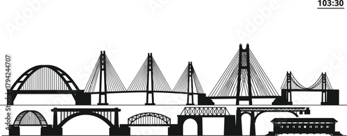Bridge silhouettes, cable-stayed bridge, arch bridge, truss bridge, beam bridge, engineering design, civil structure, architecture, infrastructure, construction