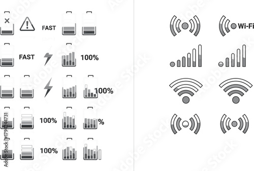 Vector Monochrome Icon Set of Wireless Technology Status Indicators: Featuring Battery Charge Levels, Fast Charging, Wi-Fi, and General Signal Strength Bars for Mobile and Device Interfaces
