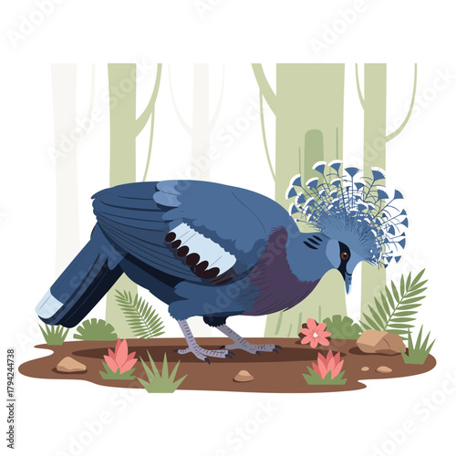 Western crowned pigeon, a large blue bird with an ornate crest, foraging on the ground in a stylized forest environment.