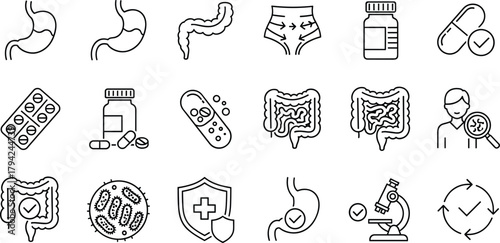 Essential vector line icons representing digestive system health, gastroenterology, medical drugs, gut microbiome research, stomach and colon anatomy, and immune protection concepts.