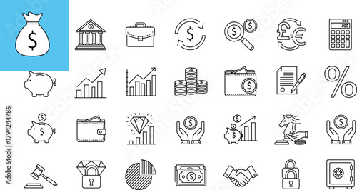 Essential vector line icons for global finance, investment, banking services, business economics, currency exchange, savings, and legal concepts for web and app design interfaces.