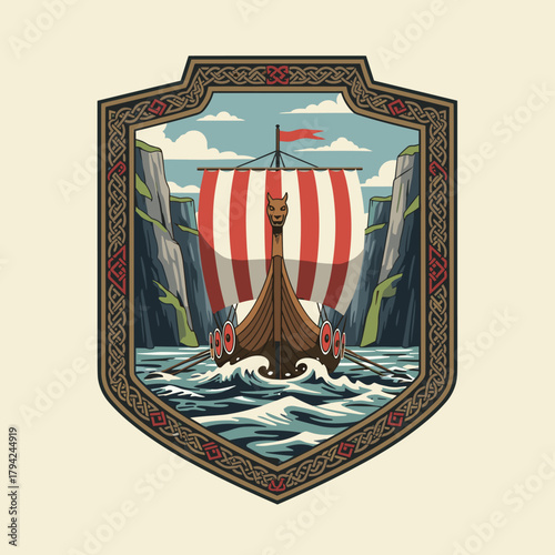 Viking longship with a striped sail navigating through a fjord, framed in an ornate shield with traditional celtic knot patterns.