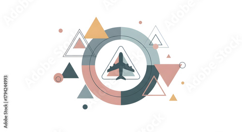 Modern travel concept design featuring airplane icon and geometric shapes, perfect for flight promotions, booking websites, and adventure travel blogs
