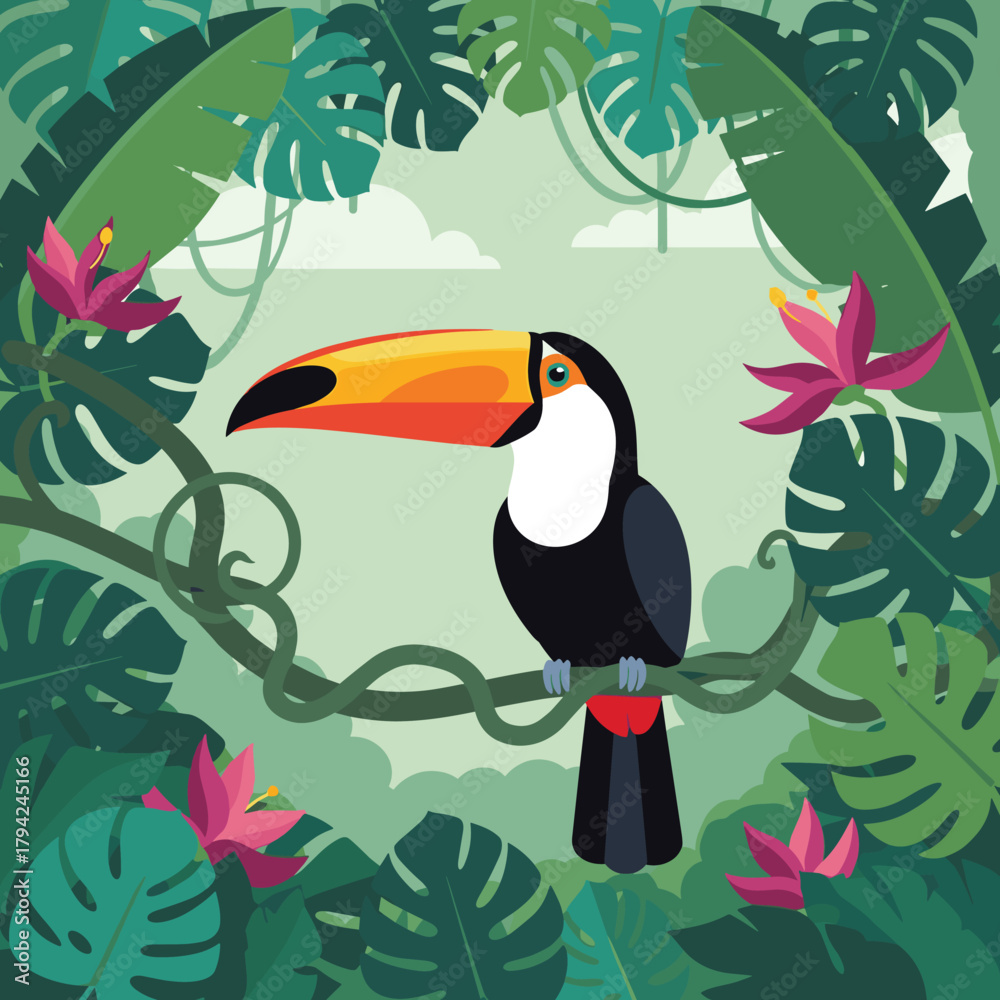 Obraz premium Colorful toucan with a large orange beak perched on a vine inside a lush green jungle frame made of tropical leaves and flowers.