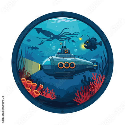 Deep sea exploration scene through a submarine porthole, showing the vessel navigating past coral reefs, a giant squid, and an anglerfish.
