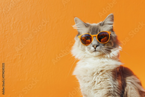 Fluffy gray cat wearing orange sunglasses posing against a bright orange wall. Stylish feline with cool attitude enjoying sunlight. Perfect summer or fashion concept image.