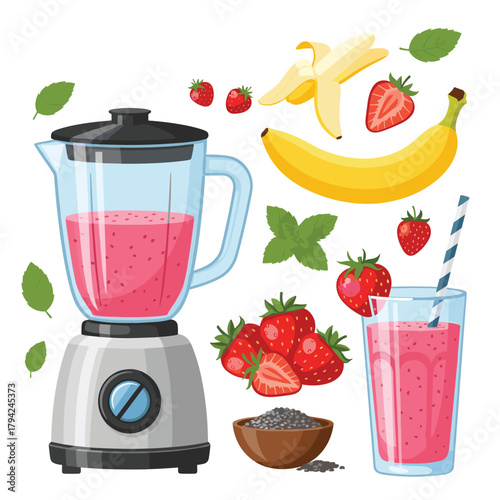 Healthy strawberry and banana smoothie ingredients with a blender, fresh fruits, mint leaves, and a finished drink in a glass.