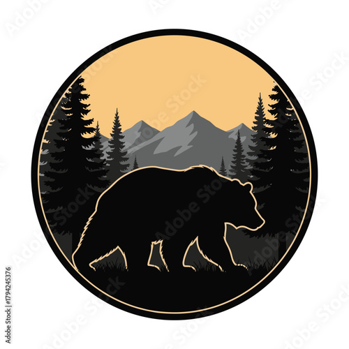 Silhouette of a large bear walking through a pine forest with mountains in the background, framed in a circular design.