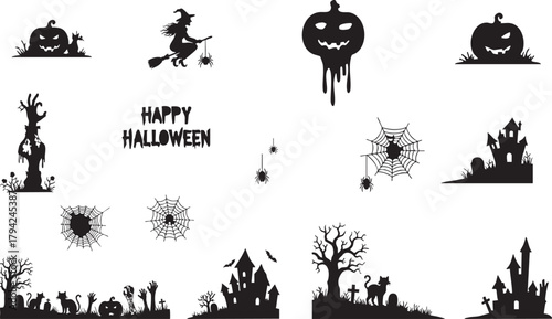 Spooky halloween silhouettes featuring pumpkins witch haunted house and spiders on transparent background