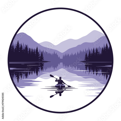 Monochromatic emblem of a person kayaking on a calm lake with reflections of a dense pine forest and layered mountains.