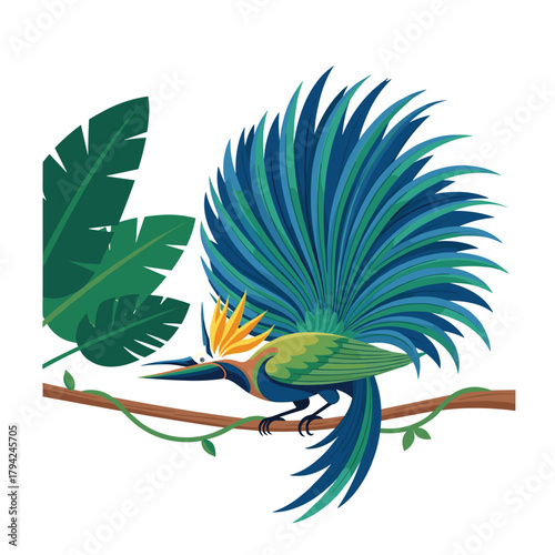 Beautiful illustration of an exotic Wilson's bird-of-paradise with vibrant blue and green plumage perched on a jungle vine.