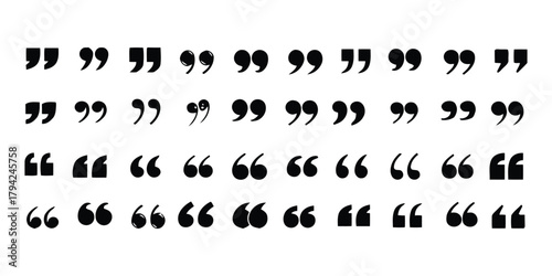 quotation mark, quote, speech bubble, punctuation, symbol, icon, text, writing, communication, dialogue, conversation, literature, grammar, typography, design, set, collection, variety, black, white b