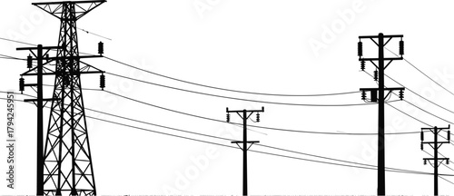 Silhouette, electrical towers, power lines, utility poles, energy infrastructure, transmission network, industrial landscape, voltage grid, electricity, sunset, dramatic sky