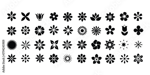floral, blossom, background, collection, icons, themes., botanical, silhouette, include, design, decorative, range, category:, types, vector, white, creative, suitable, bloom, gardening, shape, styliz