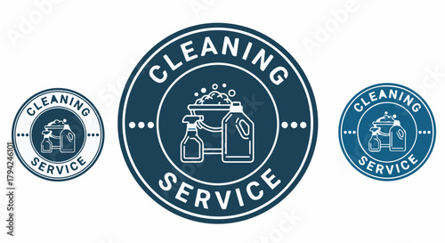 Cleaning Service vector logo badge or circular icon with supplies on white background