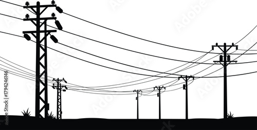 Silhouette of utility poles, power lines, transformers, rural infrastructure, electricity distribution, outdoor energy grid, engineering, suburban landscape, dusk scene, tension wires