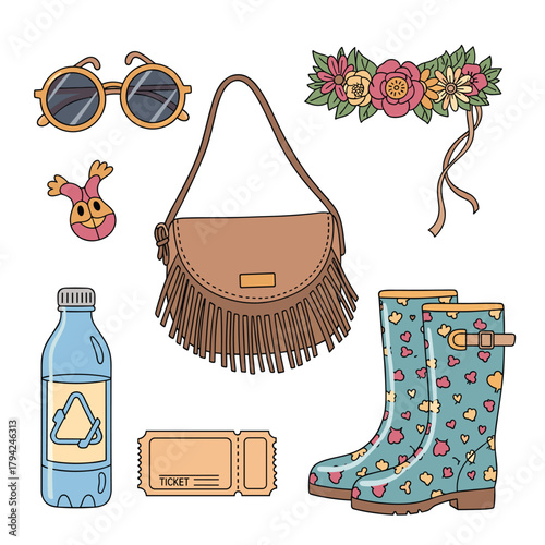 Hand-drawn collection of boho festival essentials including a flower crown, fringed bag, rain boots, and sunglasses on a white background.