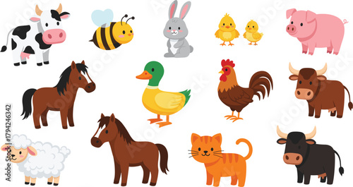 Cute Cartoon Farm Animal Vector Collection: Adorable Flat Illustrations of Cow, Pig, Horse, Sheep, Chicken, Duck, Cat, and Bee, Perfect for Children's Educational Designs